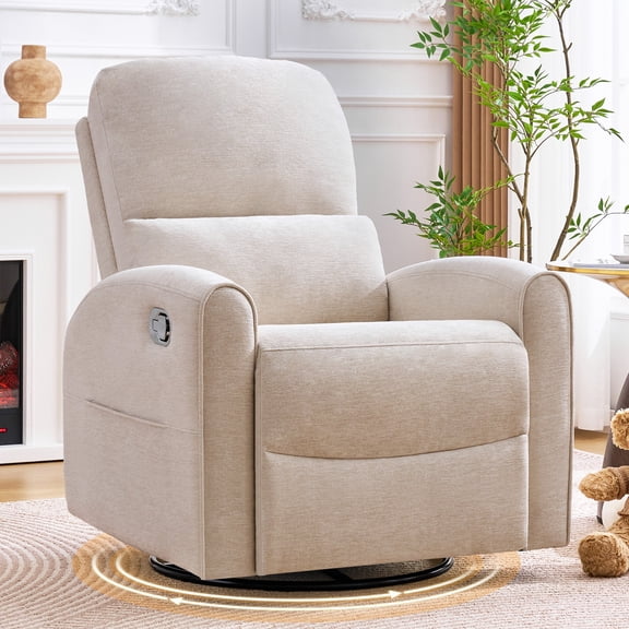 BaseBeauty Rocker Recliner, Swivel Rocker Recliner with Adjustable Headrest and Lumbar Support, Rocking Chair for Nursery, Camel