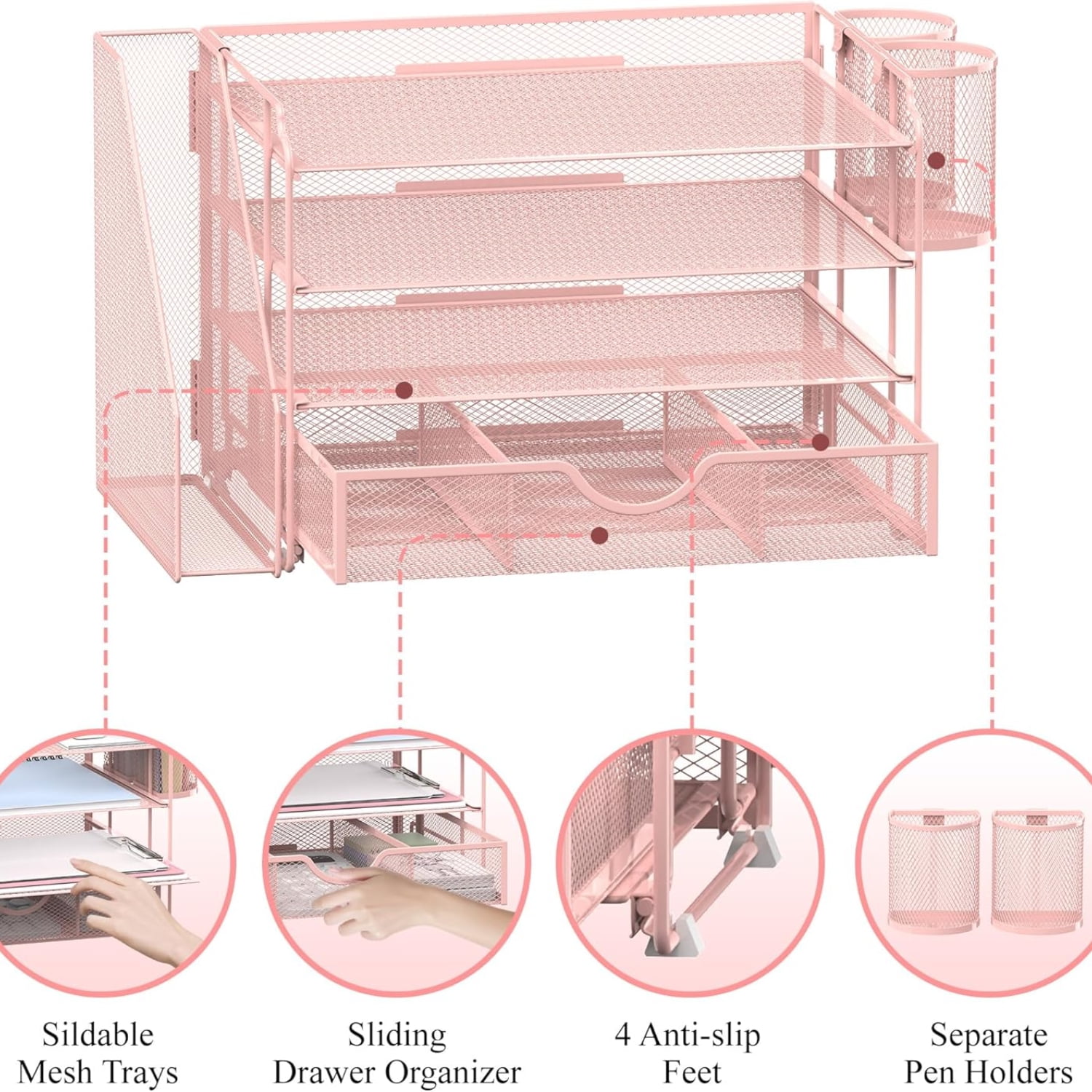 INTIGE 4-Tier Metal Desk Organizer with File Holder, 1 Drawer, 2 Pen Holders, Paper Organizer, Pink