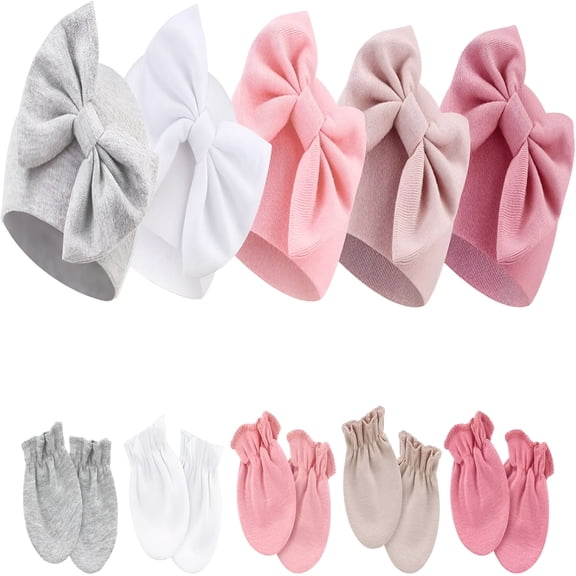 TELOLY Newborn Baby Girls Hats Mittens Set Hospital Hat Beanie Infant Bow Hats Baby Cotton Gloves No Scratch Mittens