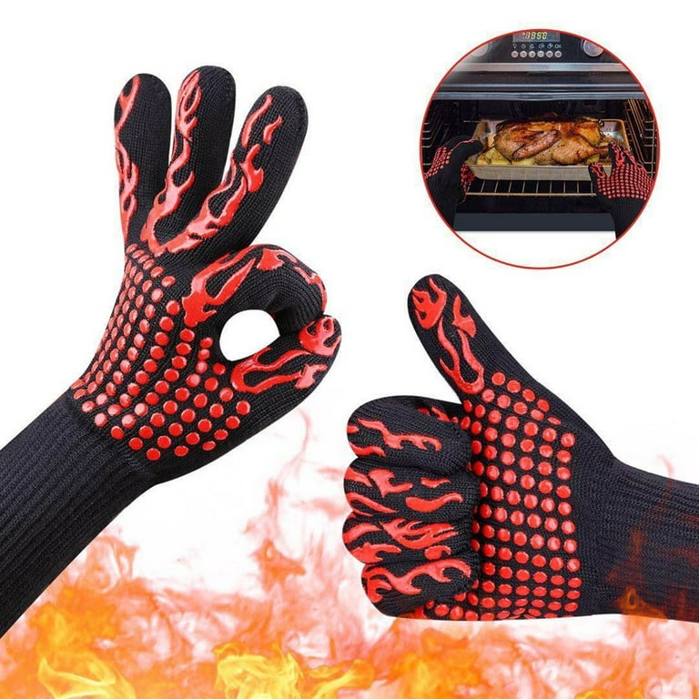 2PCS Red Black Professional Extra Large Silicone Oven Mitts and Pot Holders  Oven Gloves Heat Resistant Gloves Kitchen Mittens BBQ Gloves for Cooking