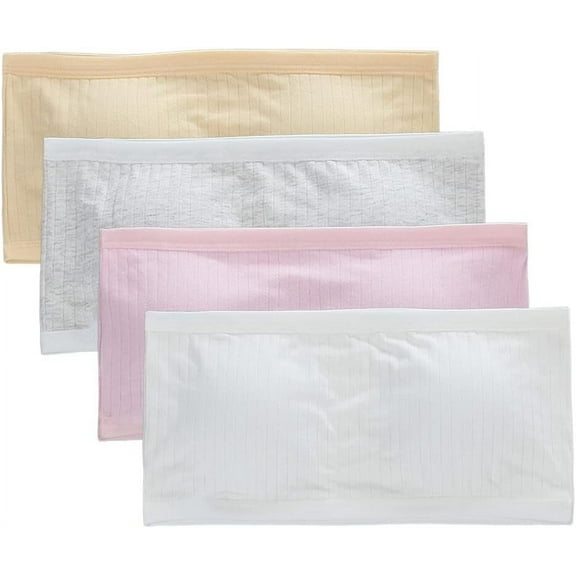 Girls' strapless bra,4 pieces/set, cotton soft, breathable, elastic, seamless, strapless, with detachable breast pads, 4-piece set (White   pink   grey   skin tone)