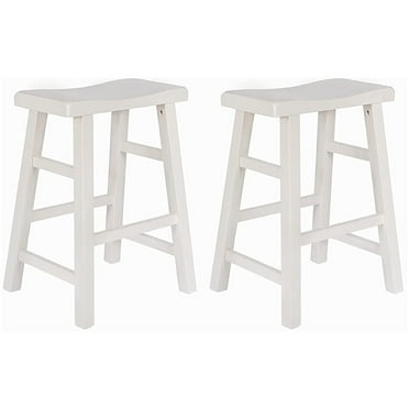 eHemco Heavy-Duty Solid Wood Saddle Seat Kitchen Counter Height Barstools, 24 Inches, White, Set of 2