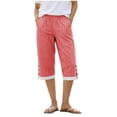 thumbnail image 2 of BUIGTTKLOP Women Cotton Linen Capri Pants Side Split Button Knee Length Long Shorts Ladies Striped Capris, 2 of 6
