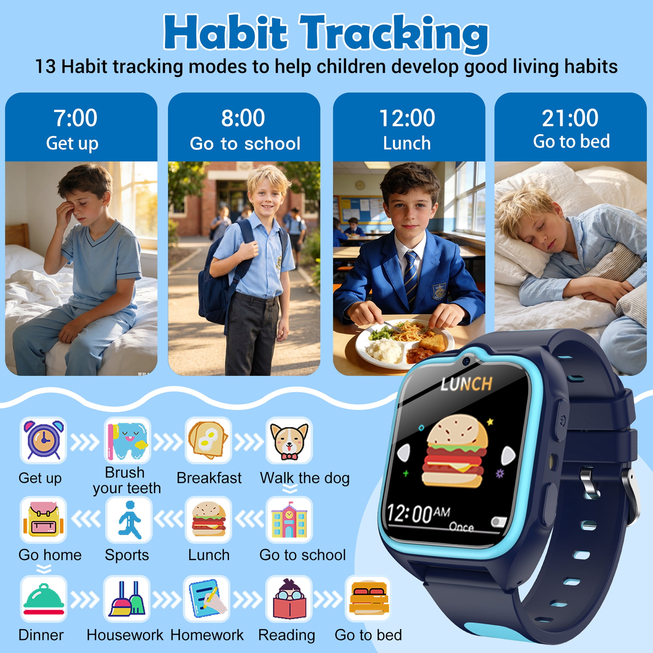 Blackview Kids Smart Watch for Boys Girls, 1.75" HD Touch Screen, 32 Educational Games, Music Player, Habit Tracker, Pedometer, IP68 Waterproof, Alarm Calculator, Gift Idea (Blue)