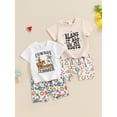 thumbnail image 3 of vera natura Toddler Boys Summer Outfits Letter Print Short Sleeve T-Shirts Tops Western Elements Print Shorts 2Pcs Clothes Set, 3 of 9