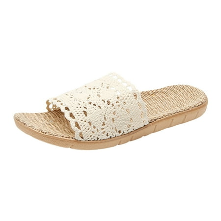 

zttd linen slippers indoor non slip slippers hollow lace slippers rubber flat heel flat sole simple casual shoes women s slipper a