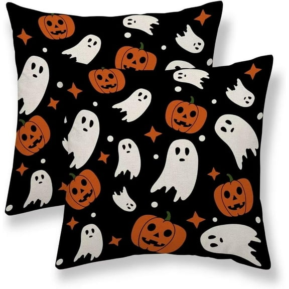 Halloween Pillow Covers 16 X 16 Inch Set of 2 Ghost Pumpkin Throw Pillow Covers Orange and Black Cushion Cases Farmhouse Decorative Outdoor Pillow Covers for Couch Home Sofa Living Room