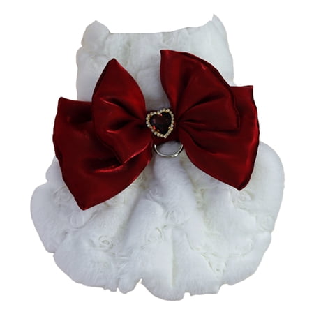 comerut Pet Dress Three-dimensional Embroidery Pearl Neckline with Tow Ring Bow Tie Soft Keep Warm Plush Sweet Ladylike Dog Dress for Daily Wear