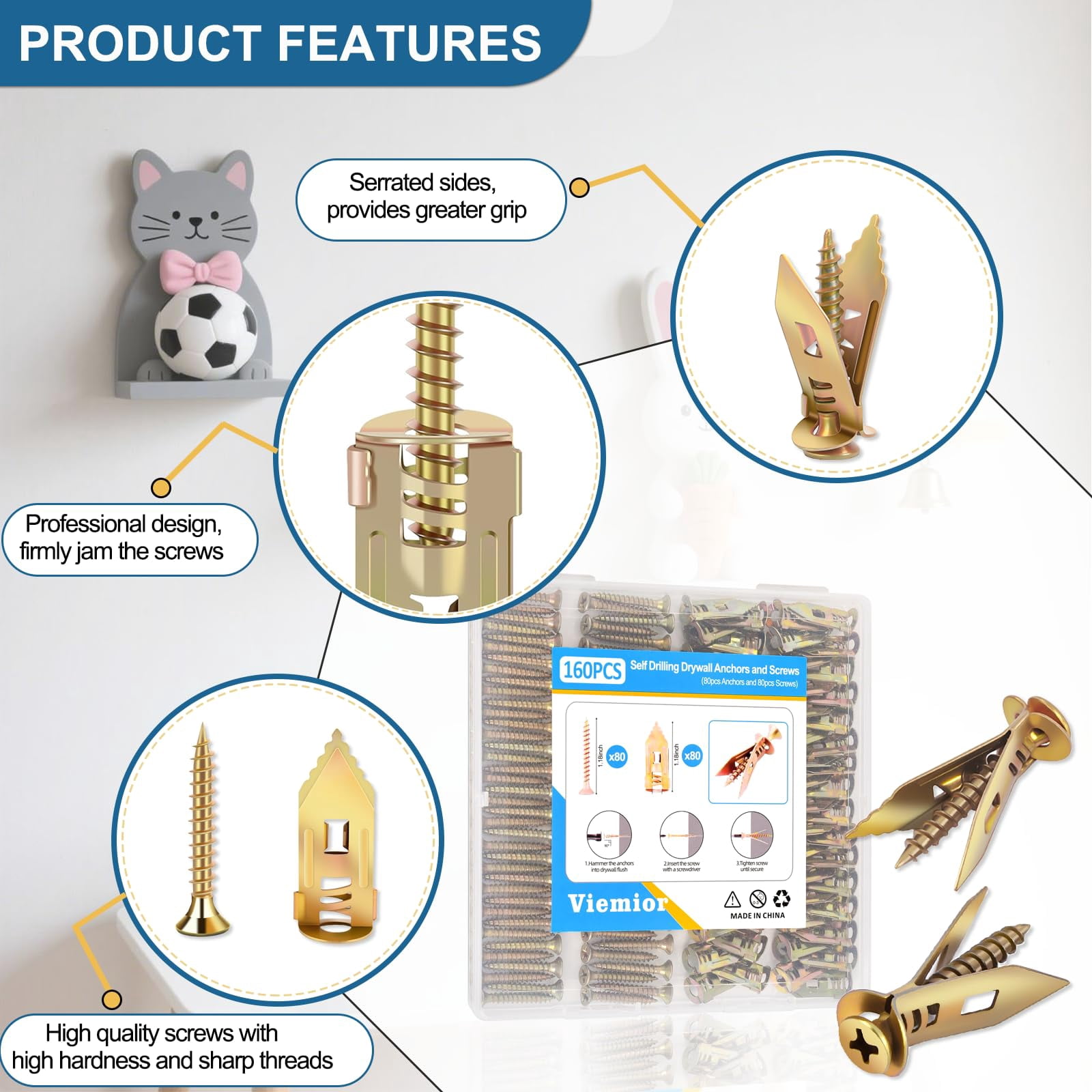 80PCS Self Drilling Drywall Anchors and Screws Kit, Upgraded 3 Sizes Zinc Plated Steel Self Drilling Drywall Anchors Screws, No Pre-Drill No Holes, Metal Screw Anchors Kit for Wall Hanging