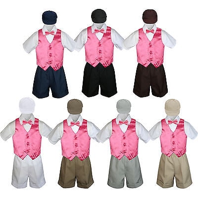 Boy Toddler Formal Coral Red Vest Bow Tie White Khaki Navy Gray Hat 5pc Set S-4T