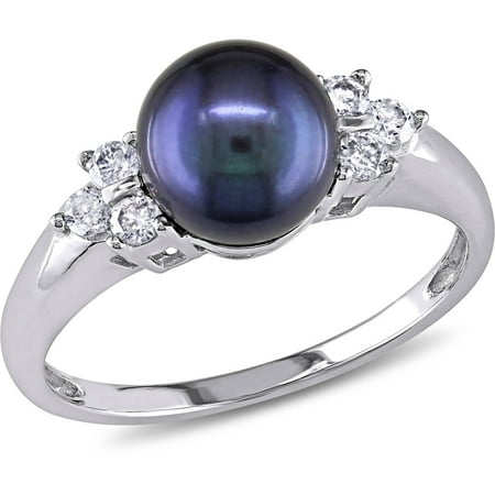 7-7.5mm Black Cultured Freshwater Pearl and 1/5 Carat T.W. Diamond 14kt White Gold Cocktail Ring