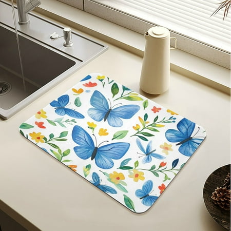 

Wobogo Blue Butterfly Dish Drying Mats Diatomaceous Earth Super Absorbent Non-slip Rubber Sole 15.7×11.8in