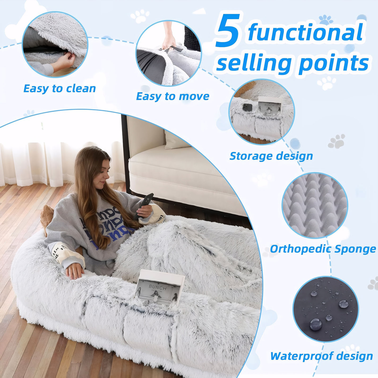 CQSXDA Grey Faux Fur Human Dog Bed 71x45 Inches Washable Orthopedic Sleeping Solution for People and Pets