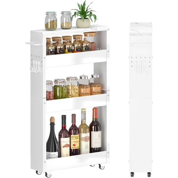 Slim 5-Inch Wide 4-Tier Rolling Storage Cart with Handle and Wooden Top