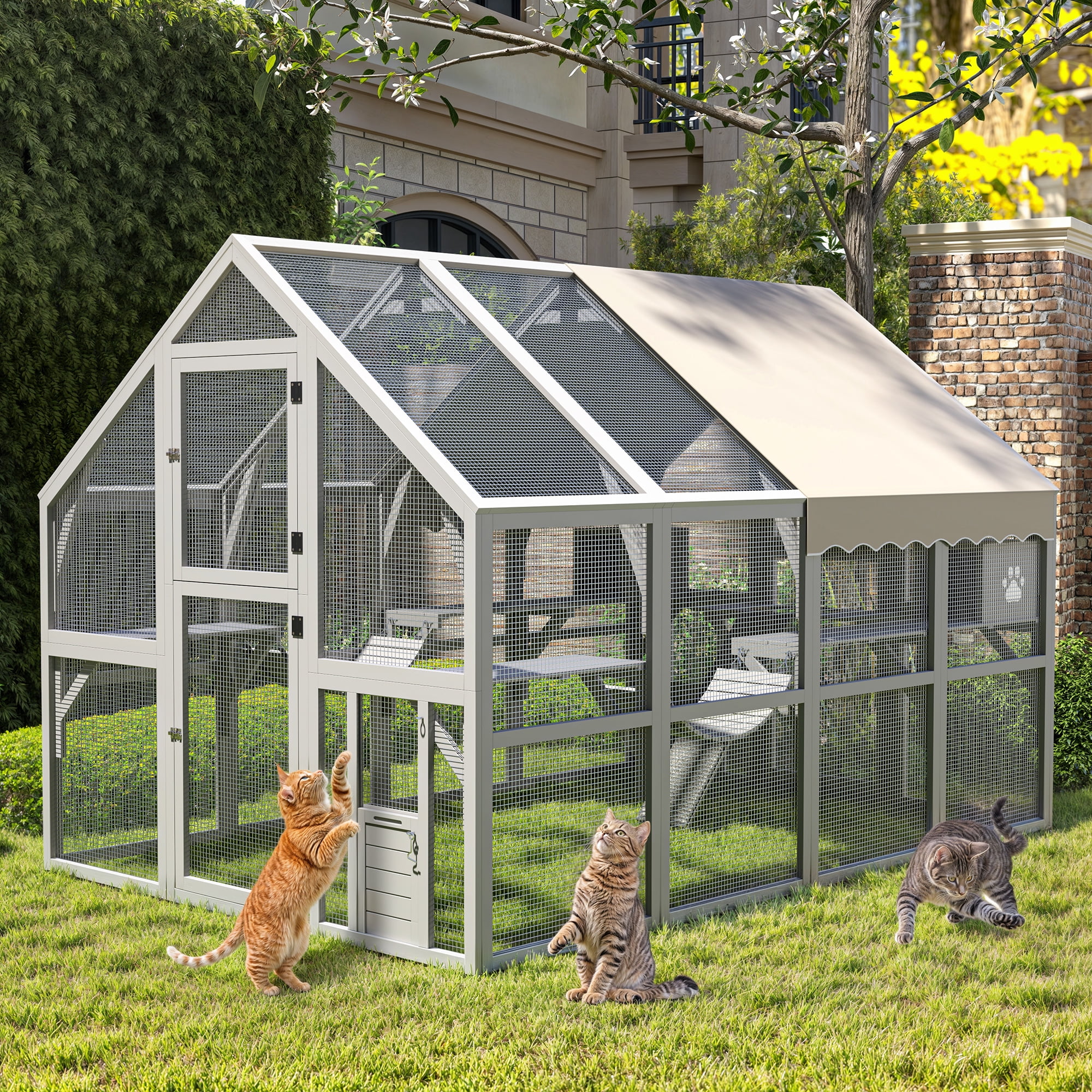 Uforic 110" Catio Outdoor Cat Enclosure Large Wooden Cat House with with Weatherproof Roof, Cat Scratcher Ramp, Space Capsule Bed, 2 Bridges, 2 Resting Houses, 7 Platforms for Multiple Cats