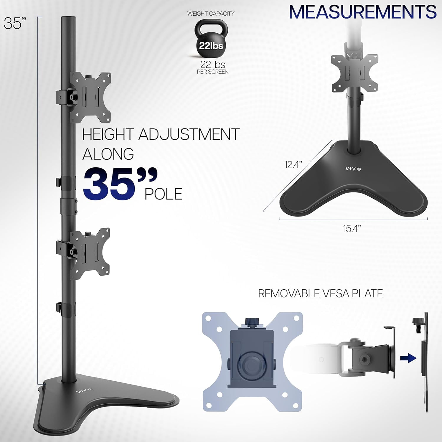 Dual Monitor Desk Stand -Standing LCD Mount for 2 Ultrawide Screens  to 34 inches, Black, STAND-V002L