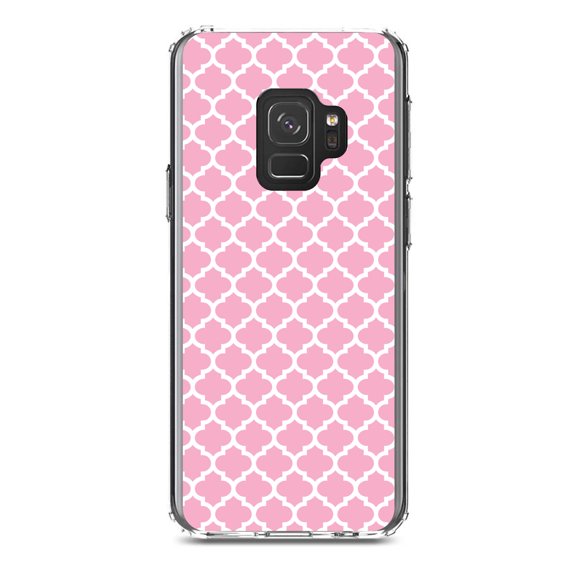 DistinctInk Clear Shockproof Hybrid Case for Samsung Galaxy S9 (5.8" Screen) - TPU Bumper, Acrylic Back, Tempered Glass Screen Protector - Pink White Moroccan Lattice