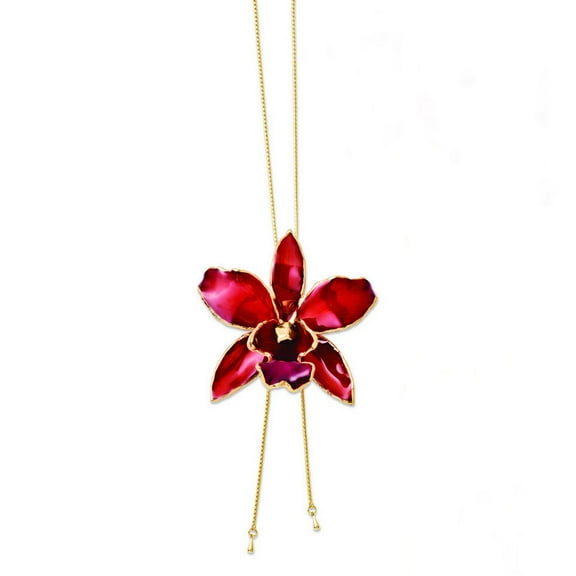 Roses and Leaves 24K Gold-trim Lacquer Dipped Red Real Cattleya Orchid Slip-on Adjustable Gold-tone Necklace