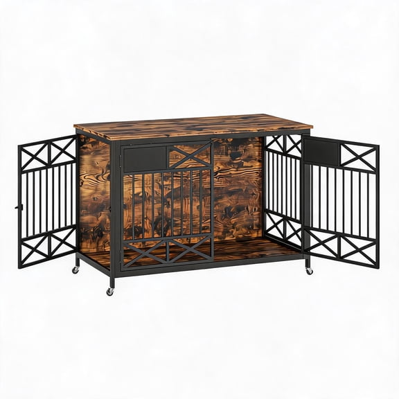 Dog Crate Furniture with Wheels, Wooden TV Stand Kennel for Large Dogs