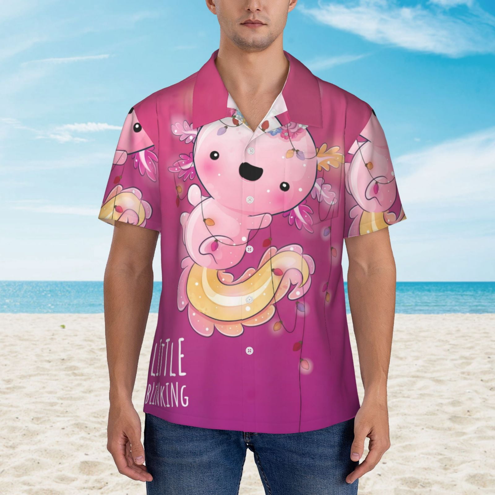 Logiee Cute Pink Axolotl A Print Mens Hawaiian Shirts,Loose-Fit Short Sleeve Button Down Tropical Aloha Beach Shirt,Summer Vacation Wedding Tops,Medium