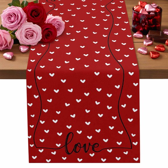 White Love Heart Valentines Red Cotton Linen Table Runner Dining Table Runners for Home Decor Party Dining Room Restaurant Kitchen Party 13" x 36"