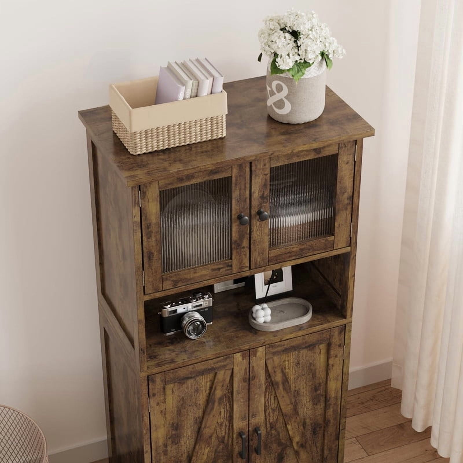 TROPOW Kitchen Pantry Cabinet, 50.4" Freestanding Storage Cabinet with Glass Doors and Adjustable Shelves, Wooden Cupboard, Large Floor Linen Cabinet for Bathroom, Living Room