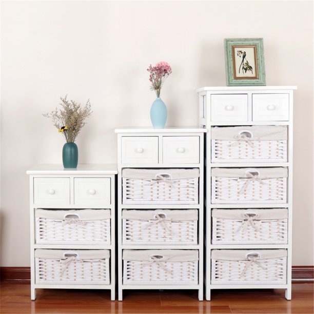 Wooden Nightstand Chest Cabinet W/Two Rattan Baskets for ...