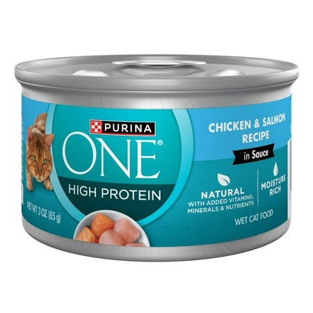 Purina ONE Natural, High Protein Wet Cat Food, Chicken and Salmon Recipe in Sauce, 24 Count, 3 oz Cans