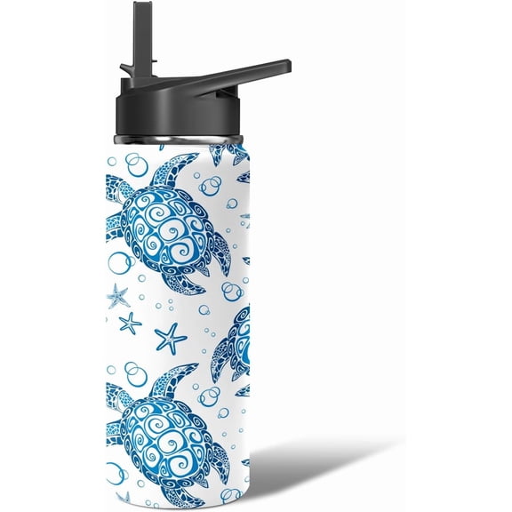 18oz Sea Turtle Water Bottle - Double Wall Vacuum Insulated Stainless Steel Mug, Leakproof Flip Straw & Handle for Hot/Cold Drinks - Gift for Women, Teens, Girls & Animal Lovers