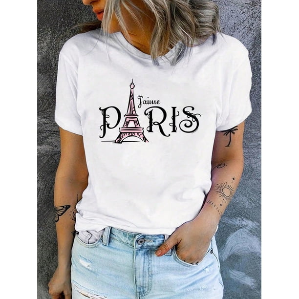 Camiseta Jaime Paris con estampado de letras chic para mujer: cuello redondo, manga corta, poliéster transpirable, ideal para primavera/verano. Ideal para adultos, hombres, mujeres, adolescentes, jóv