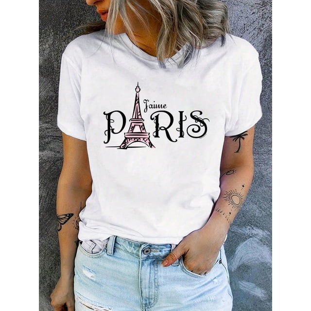 Jaime Paris Chic Letter Print Women's T-Shirt - Casual Crew Neck, Short Sleeve, Breathable Polyester Top for Spring/Summer Tee For Adult, Men, Women, Teen, Teenager, Adolescent, Youth