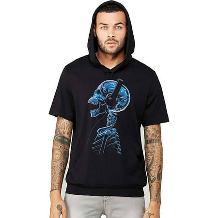 Men's Skeleton Headphones Black Short Sleeve Hoodie T-Shirt Large Black