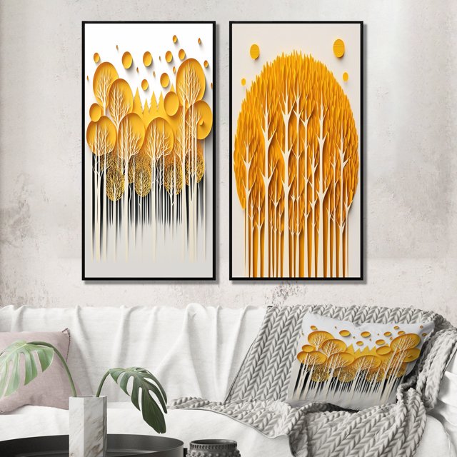 Designart "Quill Minimalism Yellow Trees in the Forest III" Landscape Trees Framed Wall Art Set Of 2 - Traditional Yellow Gallery Wall Frame Set For Home Decor