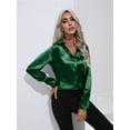 thumbnail image 4 of Satin Blouses for Women Casual Long Sleeve Button Down Shirts Dressy Business Work Tunic Top Dark Green M, 4 of 9