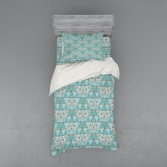 Tribal Duvet Cover Set, Geometric Primitive Style Themed Triangles in Aqua Color Palette, Bedding Set with Shams and Fitted Sheet, 3 Sizes, by Ambesonne