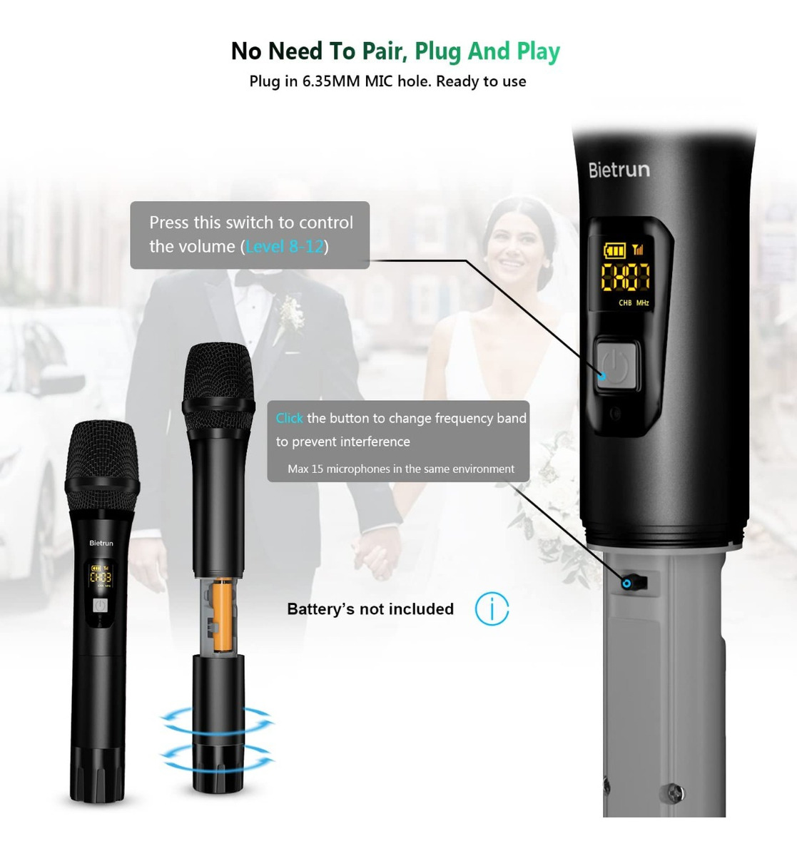 Wireless Microphone, Bietrun UHF Metal Dual Handheld Cordless Dynamic Mic System with Rechargeable Receiver, 1/4‘’Output, for Karaoke, Church, Speech, Wedding, Party Singing(160 ft Range