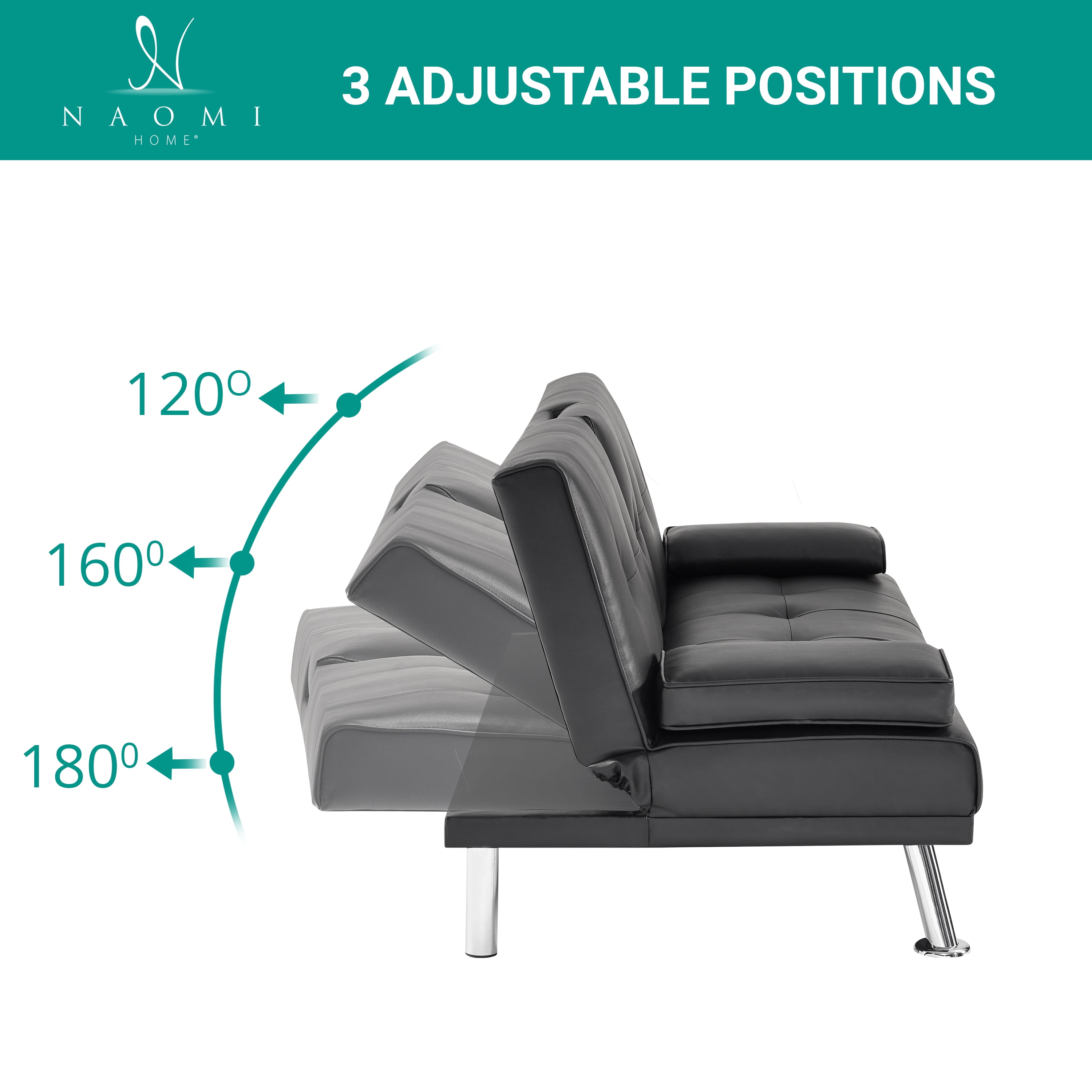 Futon Sofa Bed, Faux Leather Futon Couch with Armrest and 2 Cupholders, Pull Out Sofa Bed Couch Convertible with Metal Legs, Folding, Reclining Small Couch Bed, Futon Bed for Living Room - Black