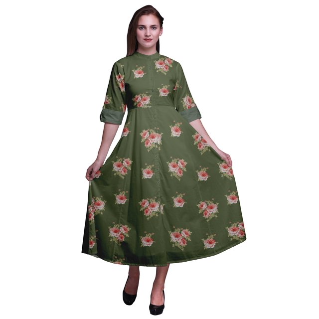 Bimba Robe-Chemise Mi-Mollet pour Femmes à Manches Roulées à Imprimé Floral Boutonnée - XX-Grand