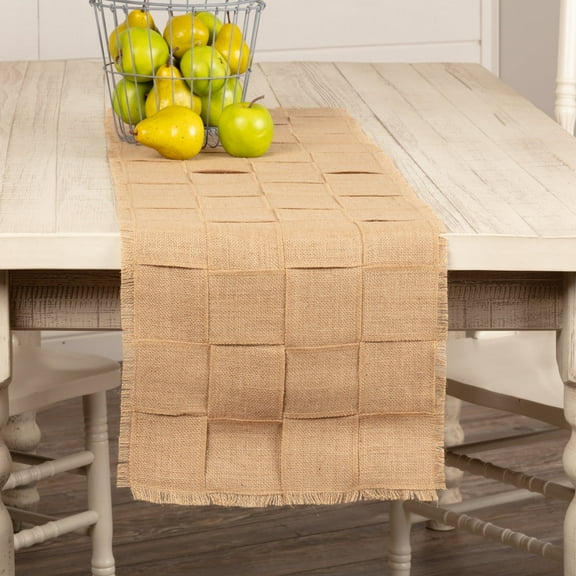 VHC Brands Jute Burlap Natural Basket Weave Fringed Table Runner, Dining Room, Kitchen Farmhouse Decor in Tan 13x48