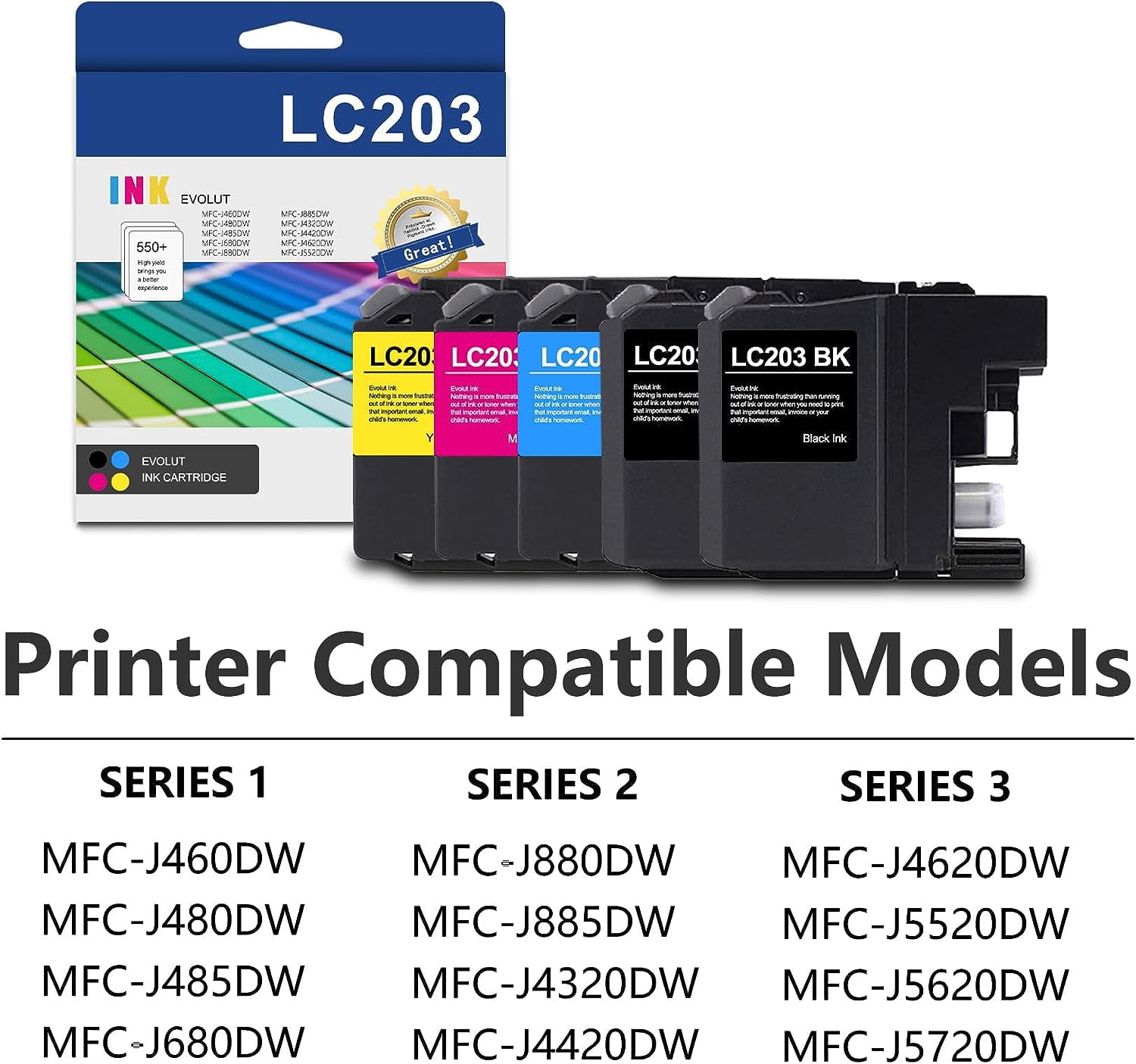 LC203 Ink Cartridges Replacement for Brother LC203 Ink for MFC-J460DW MFC-J480DW Printers (5PK)