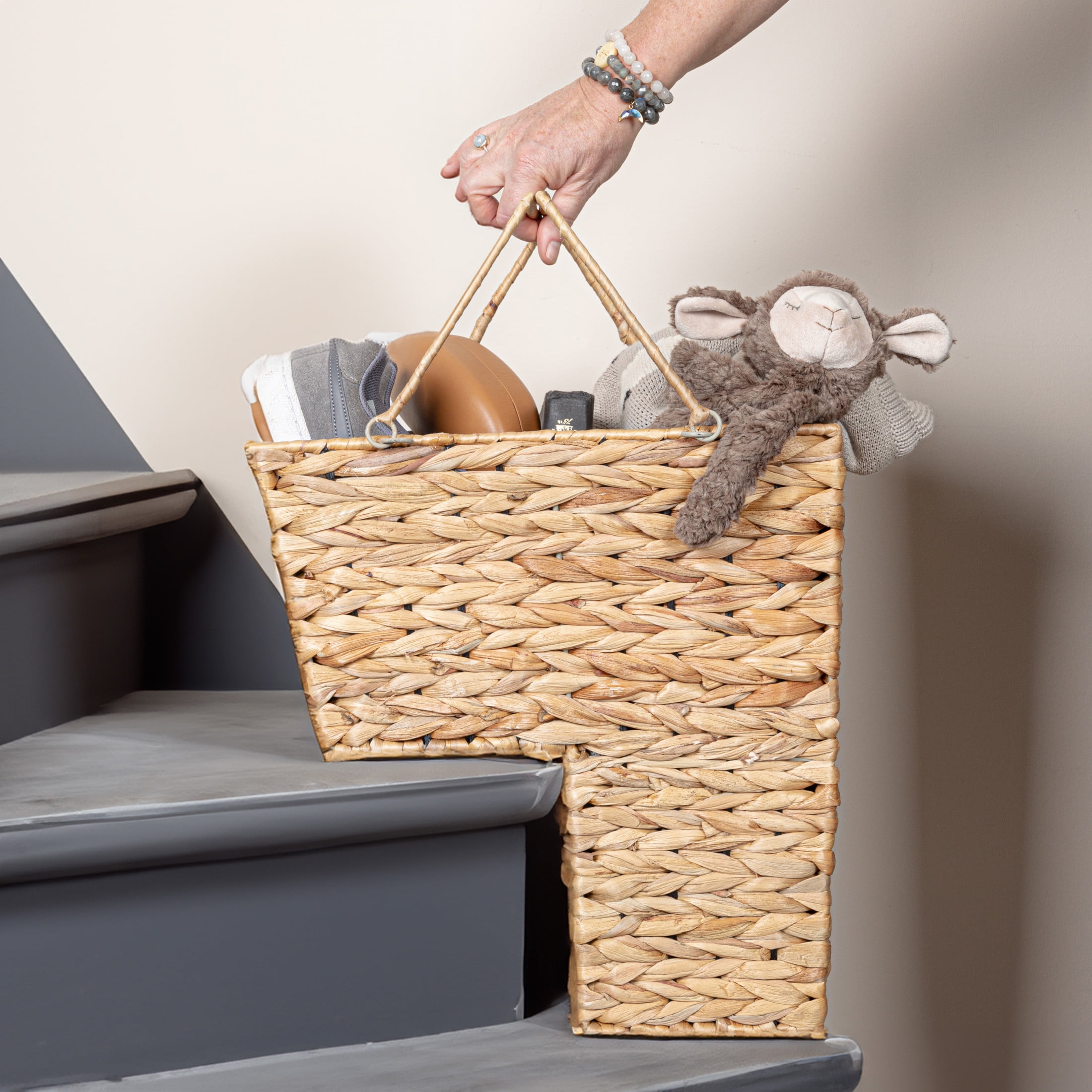 Household Essentials Wicker Stair Basket with Handles, Handwoven Water Hyacinth, Sits on Two Stairs, Lightweight, Eco-Friendly
