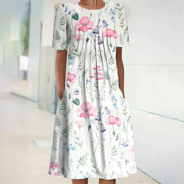 ICHUANYI Clearance Women's Summer Bohemian Print Short Sleeve Beach Dress Knee Length Dress(Hot Pink, L) ICHUANYI WER2023080705286