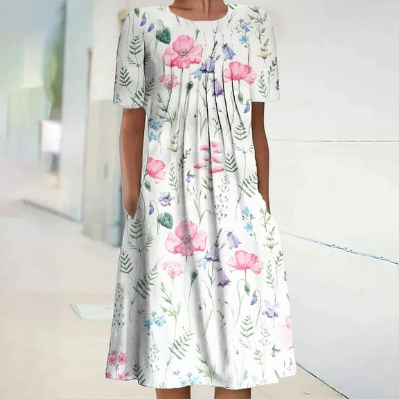 Tejiojio Summer Dresses for Women Clearance Women's Summer Bohemian Print Short Sleeve Beach Dress Knee Length Dress