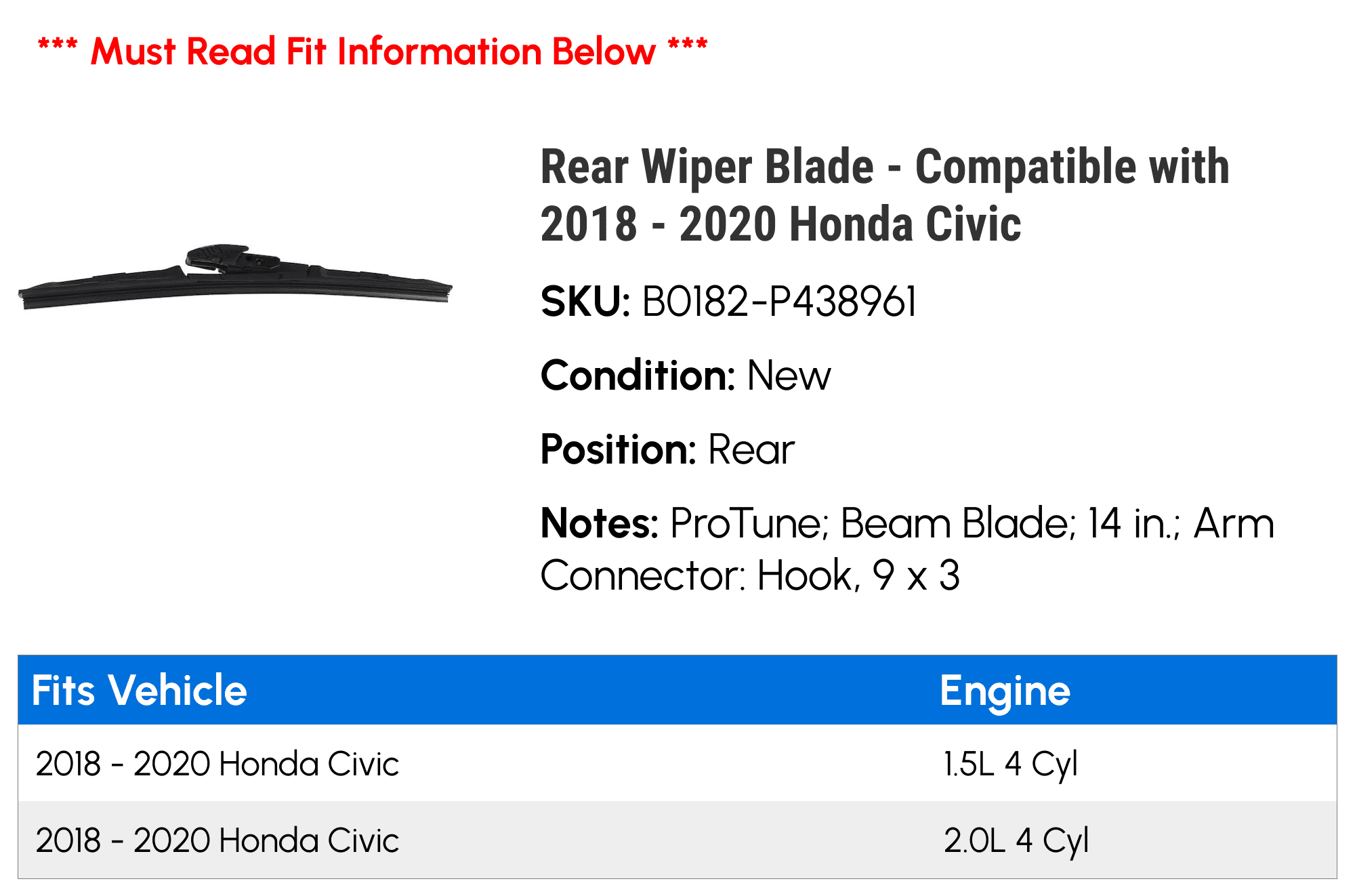 Rear Wiper Blade - Compatible with 2018 - 2020 Honda Civic 2019