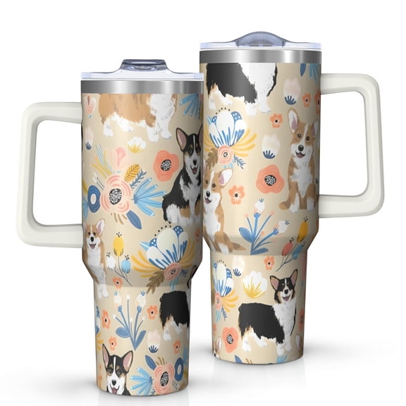 OBREWU Corgi Dog and Flower Florals Tumbler with Handle and Lid,Corgi Dog and Flower Florals 40oz Double Wall Vacuum Insulated Tumbler,Cups Gift for Women and Men