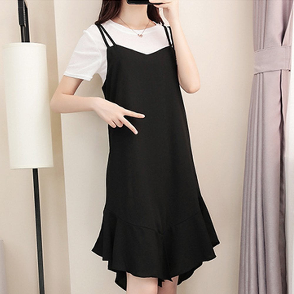 Thormn Women Summer Fresh Slim Spaghetti Strap Dress Suspender Dress Ruffle Hem Stitching Solid Color Pull Over Casual Wear Walmart Canada
