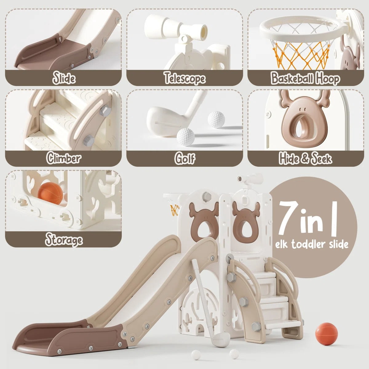 7 In1 Elk Toddler Slide, Kids Indoor Slide For Toddlers ,baby Slide For Indoor Outdoor With Basketball Hoop And Telescope, L Shaped Slide For Kids Toddler Slide Playset