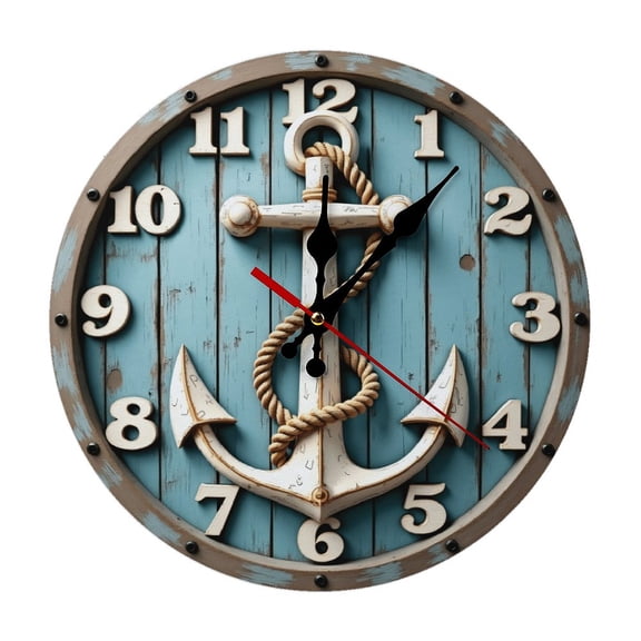 Blue Wooden Anchor Wall Clock 10 Inch Silent Non Ticking Round Clock Decoration for Living Room Kitchen Bedroom Bathroom Office Classroom