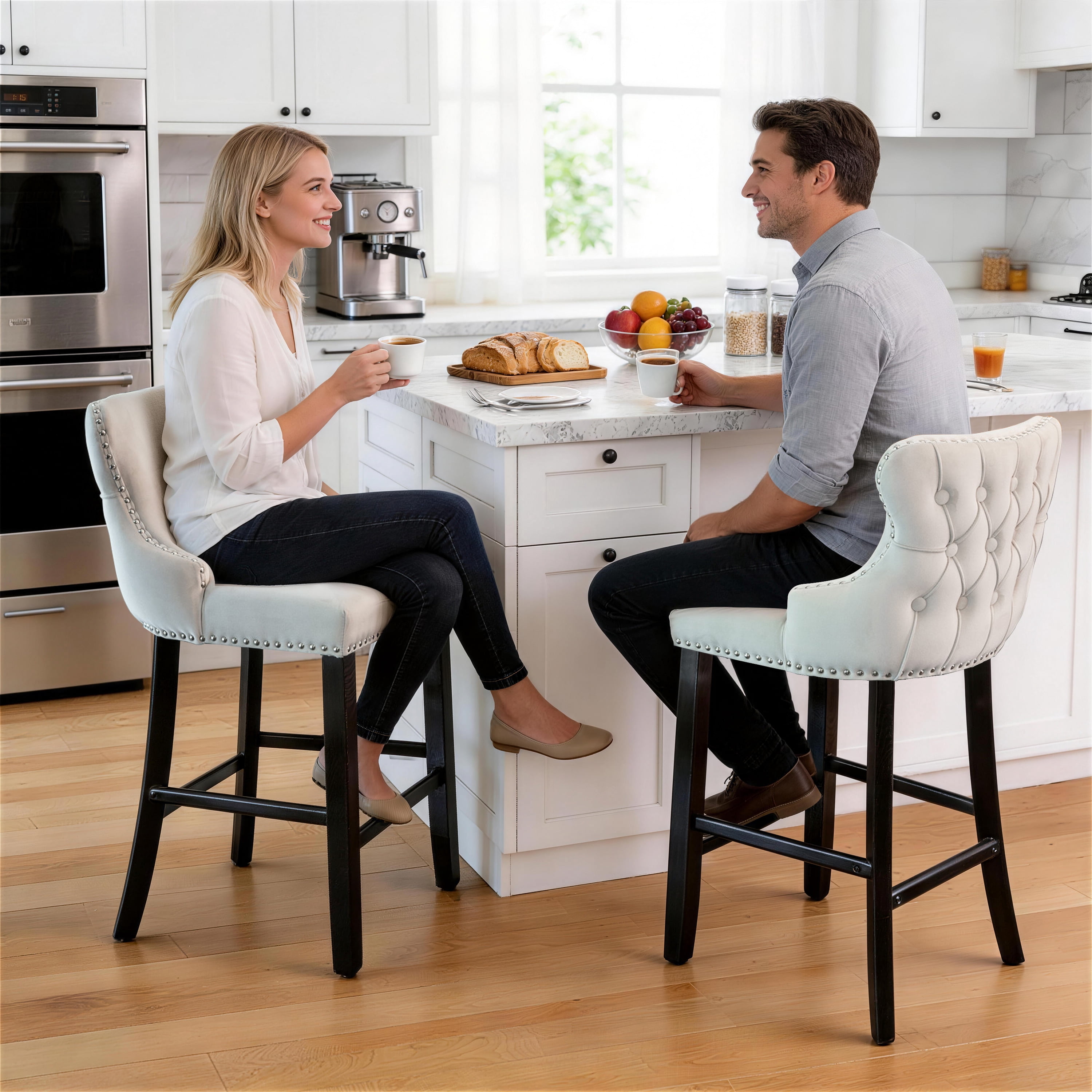Bar Stools Set of 2, LegaHome 26" Counter Height Bar Stools with Back Sets of 2, Velvet Upholstered Bar Stool with Button Tufted & Nailhead Trim, Counter Stool for 35-39" Kitchen Island, Beige