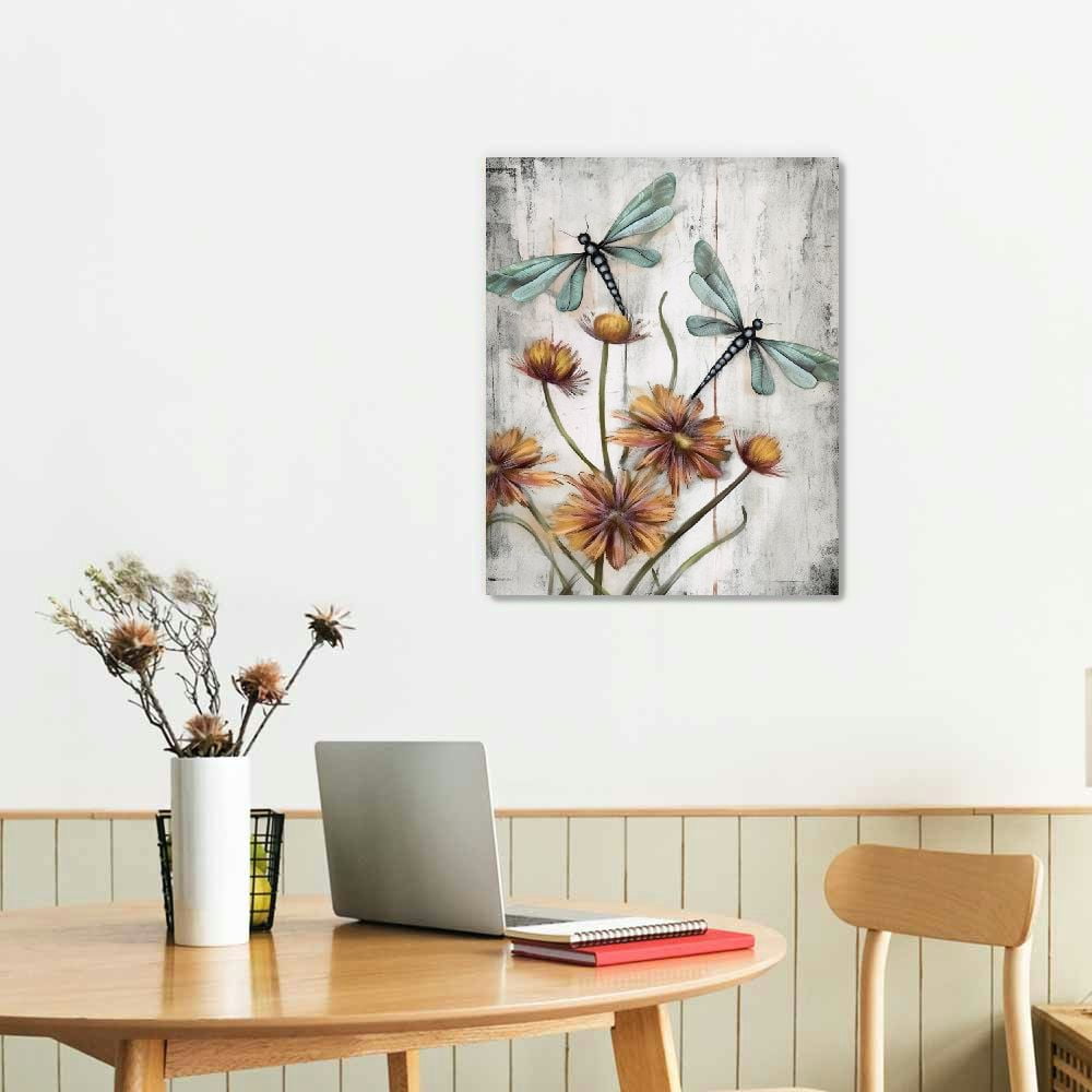 Dragonfly Vintage American Flag Canvas Wall Art - Framed Retro Painting For Living Room, Kitchen, Office